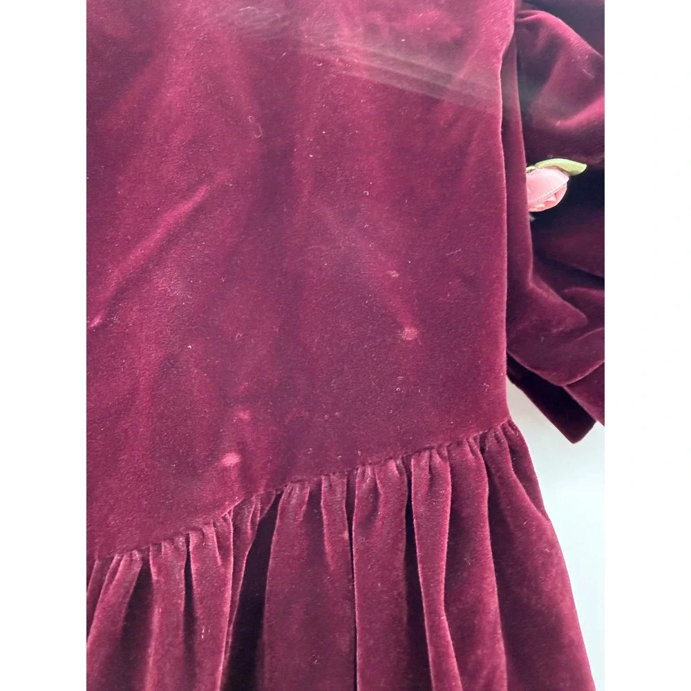 Vintage OshKosh Velvet Dress Girls 6X Burgundy Puff Sleeve Lace Rose Holiday‎